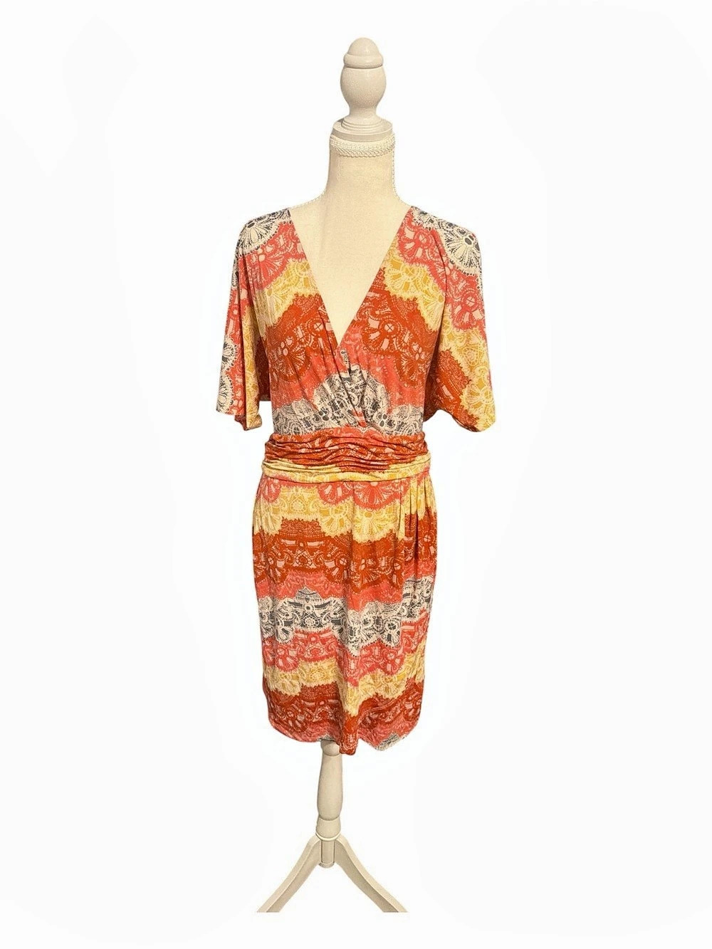 Boho Retro BCBGMAXAZRIA Faux Wrap Dress Large NWT Orange Lace Print Ruched Waist